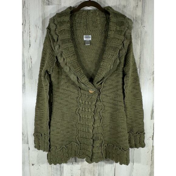 Chicos Cardigan Sweater Green Chunky Collar Lace Wool Blend Size 0 Small - Picture 2 of 8